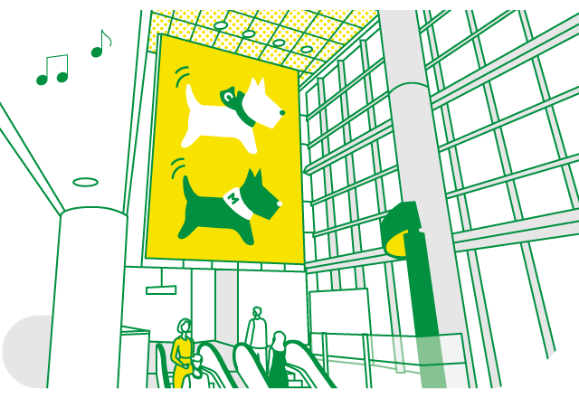 イラスト：マークタペストリーで広告掲出している風景